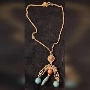 Bohemian-style Gold Tone Necklace with Simulated Turqoise & Coral Accent
